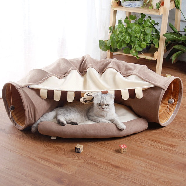 Casa Túnel 2 en 1 para Gatos - Cama cómoda y túnel de juego plegable