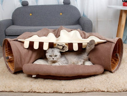 Casa Túnel 2 en 1 para Gatos - Cama cómoda y túnel de juego plegable